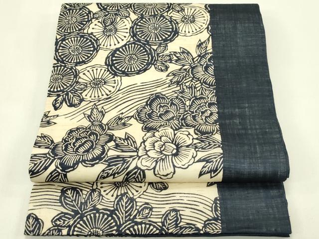 平和屋着物＊夏物　九寸開き名古屋帯　作家物　伊勢型染　牡丹　菊　麻　逸品　CABI5475rv