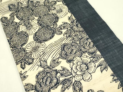 平和屋着物＊夏物　九寸開き名古屋帯　作家物　伊勢型染　牡丹　菊　麻　逸品　CABI5475rv
