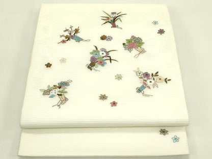 平和屋着物＊夏物　九寸開き名古屋帯　刺繍　草花文　金糸　正絹　逸品　CABI5483rv