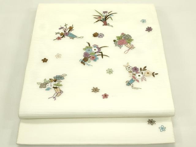 平和屋着物＊夏物　九寸開き名古屋帯　刺繍　草花文　金糸　正絹　逸品　CABI5483rv