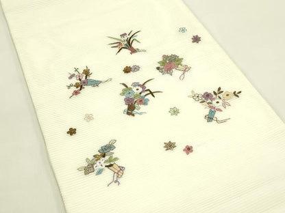 平和屋着物＊夏物　九寸開き名古屋帯　刺繍　草花文　金糸　正絹　逸品　CABI5483rv