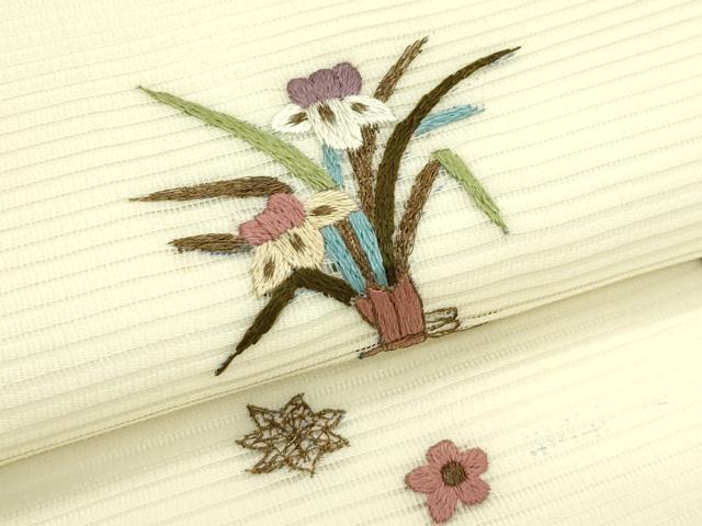 平和屋着物＊夏物　九寸開き名古屋帯　刺繍　草花文　金糸　正絹　逸品　CABI5483rv