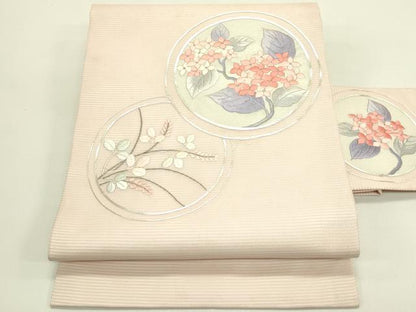 平和屋着物＊夏物　九寸名古屋帯　総刺繍　駒刺繍　紫陽花萩丸文　銀糸　正絹　逸品　CABI5487rv