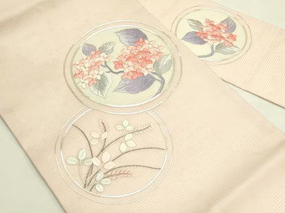 平和屋着物＊夏物　九寸名古屋帯　総刺繍　駒刺繍　紫陽花萩丸文　銀糸　正絹　逸品　CABI5487rv