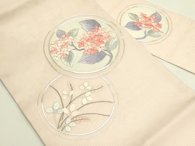 平和屋着物＊夏物　九寸名古屋帯　総刺繍　駒刺繍　紫陽花萩丸文　銀糸　正絹　逸品　CABI5487rv