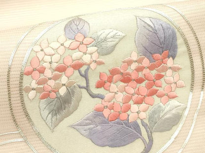 平和屋着物＊夏物　九寸名古屋帯　総刺繍　駒刺繍　紫陽花萩丸文　銀糸　正絹　逸品　CABI5487rv