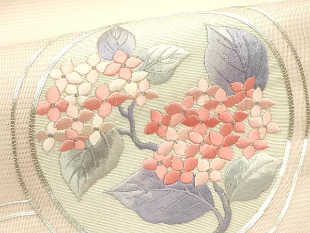 平和屋着物＊夏物　九寸名古屋帯　総刺繍　駒刺繍　紫陽花萩丸文　銀糸　正絹　逸品　CABI5487rv