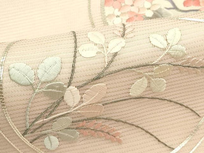平和屋着物＊夏物　九寸名古屋帯　総刺繍　駒刺繍　紫陽花萩丸文　銀糸　正絹　逸品　CABI5487rv