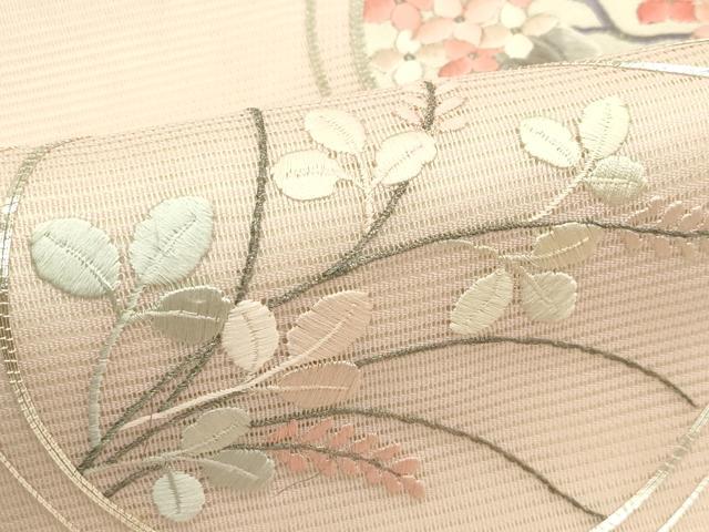 平和屋着物＊夏物　九寸名古屋帯　総刺繍　駒刺繍　紫陽花萩丸文　銀糸　正絹　逸品　CABI5487rv
