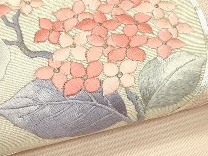 平和屋着物＊夏物　九寸名古屋帯　総刺繍　駒刺繍　紫陽花萩丸文　銀糸　正絹　逸品　CABI5487rv