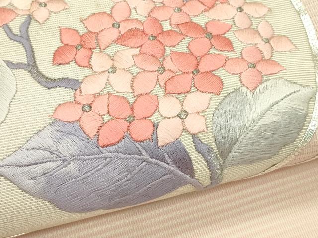平和屋着物＊夏物　九寸名古屋帯　総刺繍　駒刺繍　紫陽花萩丸文　銀糸　正絹　逸品　CABI5487rv