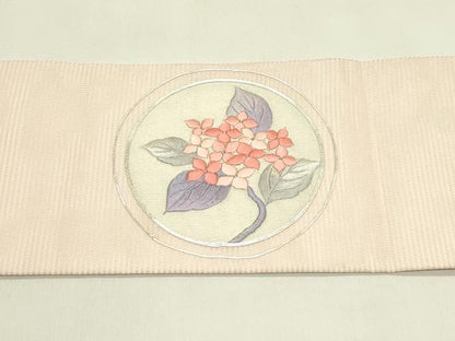 平和屋着物＊夏物　九寸名古屋帯　総刺繍　駒刺繍　紫陽花萩丸文　銀糸　正絹　逸品　CABI5487rv