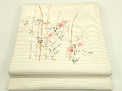 平和屋着物＊夏物　絽塩瀬　九寸開き名古屋帯　駒刺繍　草花文　金彩　正絹　逸品　CABI5490rv