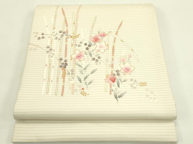 平和屋着物＊夏物　絽塩瀬　九寸開き名古屋帯　駒刺繍　草花文　金彩　正絹　逸品　CABI5490rv