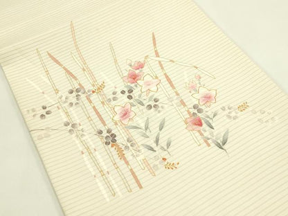 平和屋着物＊夏物　絽塩瀬　九寸開き名古屋帯　駒刺繍　草花文　金彩　正絹　逸品　CABI5490rv