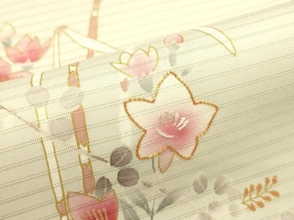 平和屋着物＊夏物　絽塩瀬　九寸開き名古屋帯　駒刺繍　草花文　金彩　正絹　逸品　CABI5490rv