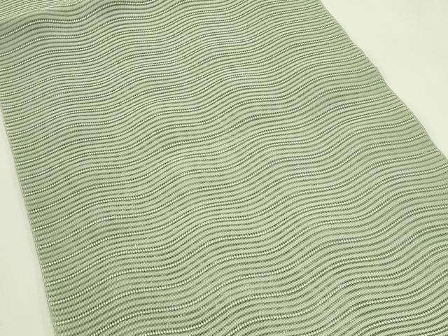 平和屋着物＊夏物　八寸名古屋帯　絽綴れ　よろけ縞　青白橡色　正絹　逸品　CABI5529rv