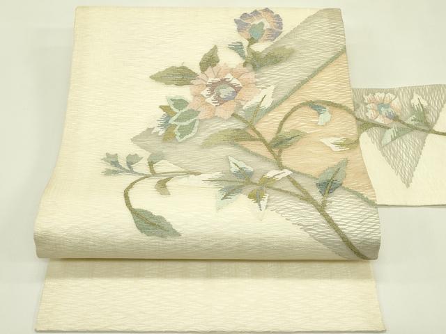 平和屋着物＊夏物　九寸名古屋帯　すくい織　草花文　銀糸　正絹　逸品　CABI5547rv