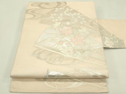平和屋着物＊夏物　九寸名古屋帯　秋草扇文　銀糸　正絹　逸品　CABI5548rv
