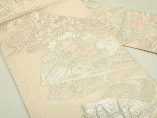 平和屋着物＊夏物　九寸名古屋帯　秋草扇文　銀糸　正絹　逸品　CABI5548rv