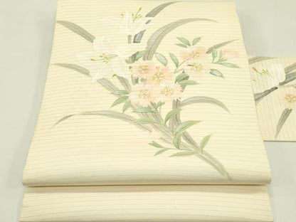 平和屋着物＊夏物　絽塩瀬　九寸名古屋帯　手描き　草花文　正絹　逸品　CABI5549rv