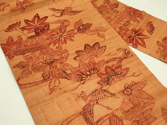平和屋着物＊夏物　九寸名古屋帯　生紬　型染め　飛鶴風景花文　正絹　逸品　CABI5552rv