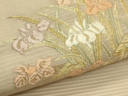 平和屋着物＊夏物　九寸名古屋帯　唐織　杜若　金糸　正絹　逸品　CABI5590rv