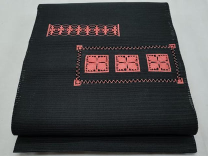 平和屋着物＊夏物　八寸名古屋帯　絽綴れ　ドロンワーク　横段花文　黒地　正絹　逸品　CABI5628fb