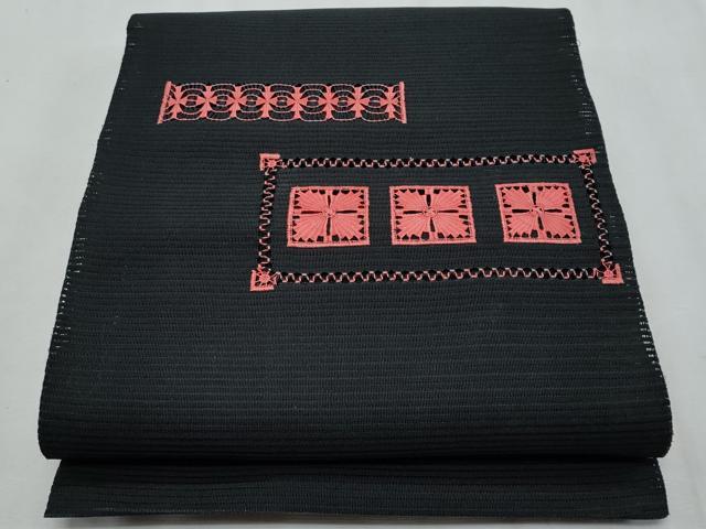 平和屋着物＊夏物　八寸名古屋帯　絽綴れ　ドロンワーク　横段花文　黒地　正絹　逸品　CABI5628fb