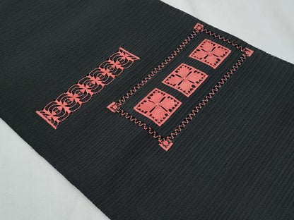 平和屋着物＊夏物　八寸名古屋帯　絽綴れ　ドロンワーク　横段花文　黒地　正絹　逸品　CABI5628fb
