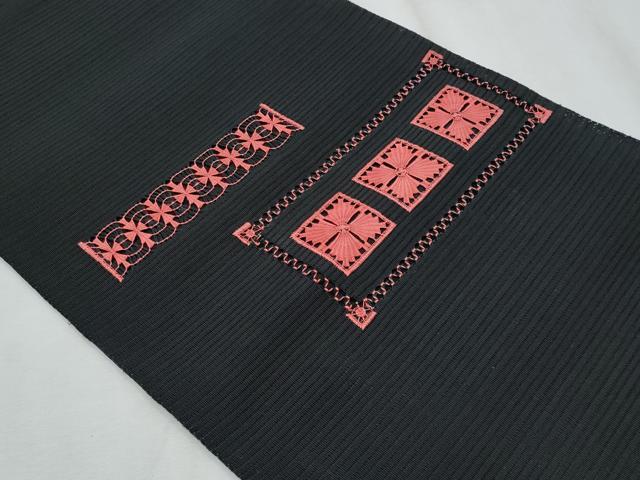 平和屋着物＊夏物　八寸名古屋帯　絽綴れ　ドロンワーク　横段花文　黒地　正絹　逸品　CABI5628fb