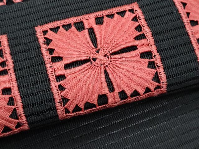 平和屋着物＊夏物　八寸名古屋帯　絽綴れ　ドロンワーク　横段花文　黒地　正絹　逸品　CABI5628fb