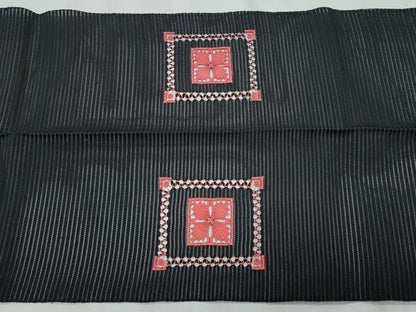 平和屋着物＊夏物　八寸名古屋帯　絽綴れ　ドロンワーク　横段花文　黒地　正絹　逸品　CABI5628fb