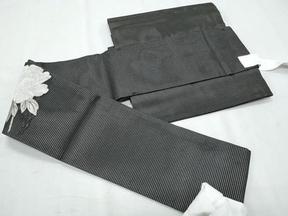 平和屋着物＊夏物　つけ帯　草花文　黒地　銀糸　正絹　逸品　CABI5662fb