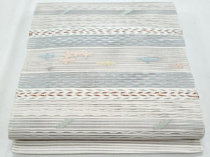 平和屋着物＊夏物　八寸名古屋帯　横段吉祥文　銀糸　正絹　逸品　CABI5693fb