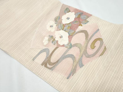 平和屋着物＊夏物　八寸名古屋帯　絽綴れ　地紙重ね椿文　金銀糸　正絹　逸品　CABI5695fb