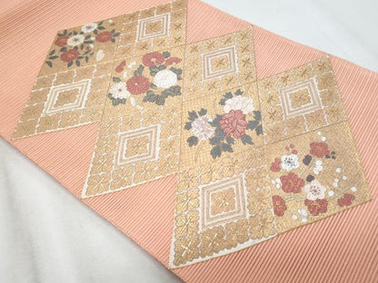 平和屋着物＊夏物　太鼓柄袋帯　駒刺繍　絽刺し　区限刺繍　絽綴れ　菱草花文　金糸　正絹　逸品　未使用　CABI5718fb
