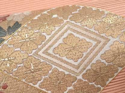 平和屋着物＊夏物　太鼓柄袋帯　駒刺繍　絽刺し　区限刺繍　絽綴れ　菱草花文　金糸　正絹　逸品　未使用　CABI5718fb