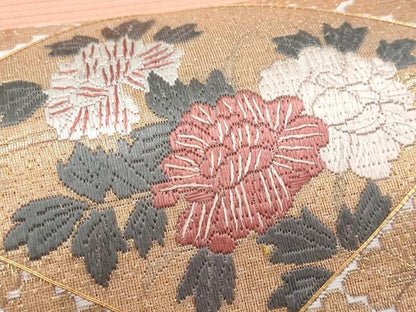 平和屋着物＊夏物　太鼓柄袋帯　駒刺繍　絽刺し　区限刺繍　絽綴れ　菱草花文　金糸　正絹　逸品　未使用　CABI5718fb