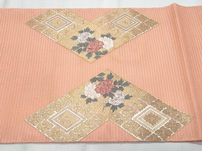 平和屋着物＊夏物　太鼓柄袋帯　駒刺繍　絽刺し　区限刺繍　絽綴れ　菱草花文　金糸　正絹　逸品　未使用　CABI5718fb