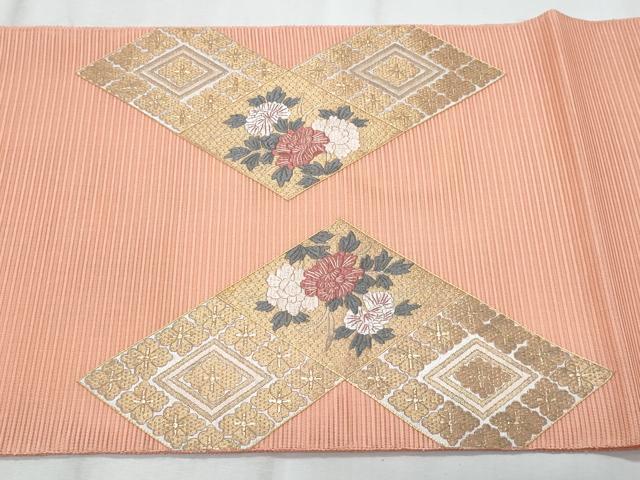 平和屋着物＊夏物　太鼓柄袋帯　駒刺繍　絽刺し　区限刺繍　絽綴れ　菱草花文　金糸　正絹　逸品　未使用　CABI5718fb
