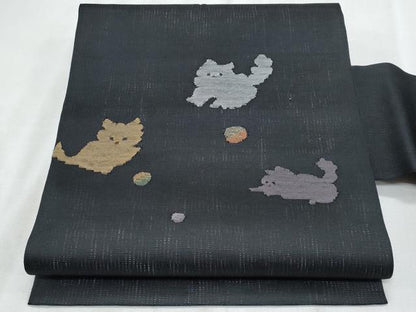平和屋着物＊夏物　九寸名古屋帯　猫　黒地　金糸　正絹　逸品　CABI5742fb