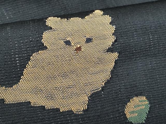 平和屋着物＊夏物　九寸名古屋帯　猫　黒地　金糸　正絹　逸品　CABI5742fb