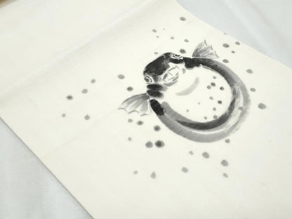 平和屋着物＊夏物　九寸名古屋帯　手描き　ふぐ　正絹　逸品　CABI5744fb