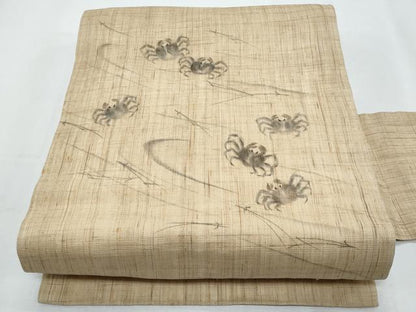 平和屋着物＊夏物　九寸名古屋帯　手描き　蟹　溢れ松葉　麻　逸品　CABI5746fb
