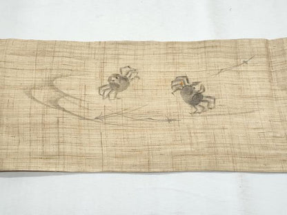 平和屋着物＊夏物　九寸名古屋帯　手描き　蟹　溢れ松葉　麻　逸品　CABI5746fb