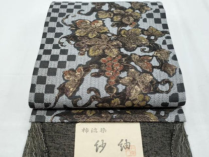平和屋着物▽六通柄袋帯　スリーシーズン　春夏秋　柿渋染　紗紬　葡萄蔦の葉文　金糸　反端付き　正絹　逸品　未使用　CABI5768fb