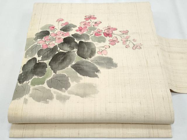 平和屋着物＊夏物　九寸名古屋帯　手描き　紬地　草花文　正絹　逸品　CABI5811fb