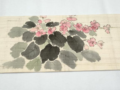 平和屋着物＊夏物　九寸名古屋帯　手描き　紬地　草花文　正絹　逸品　CABI5811fb