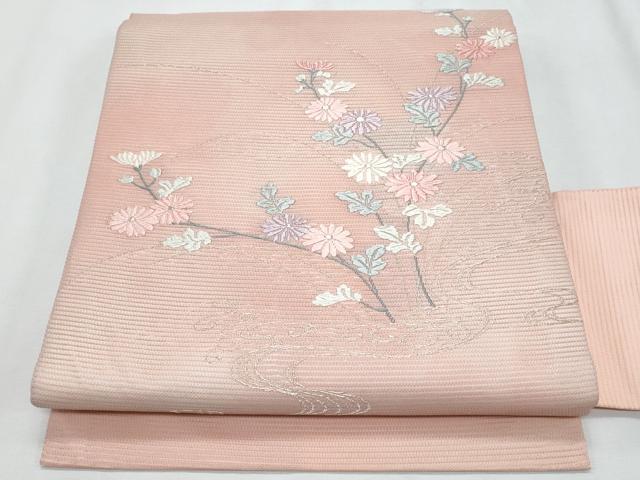 平和屋着物＊夏物　九寸名古屋帯　唐織　流水枝菊文　銀糸　CABI5828fb